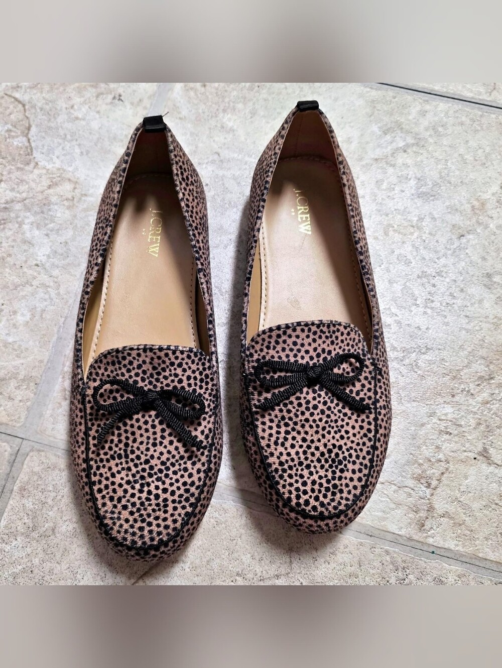 J. Crew Pink and Black Spotted Loafers with Bow Trim Fits US size 5.5-6